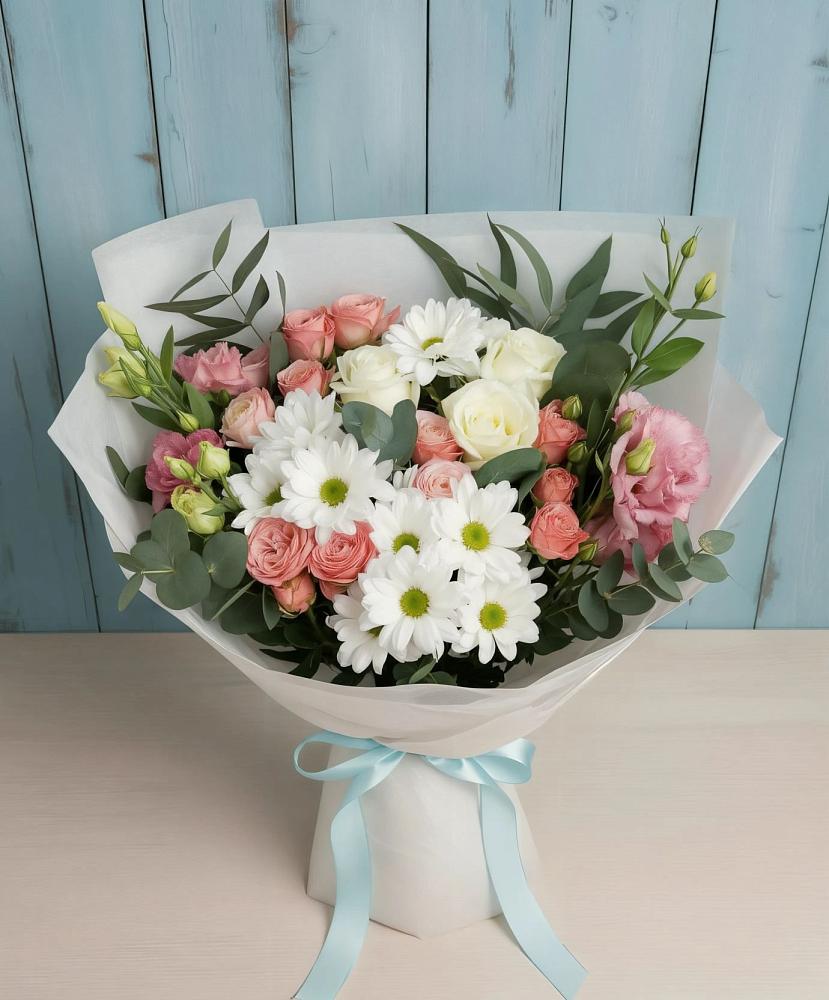 Букет цветов из: Розы, Лизиантусы и Хризантемы в Чашниково