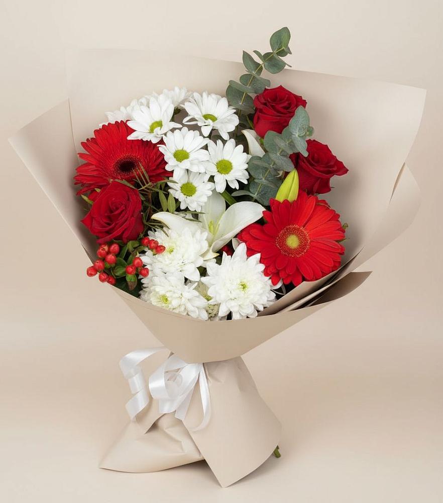 Букет цветов из: Розы, Хризантемы, Герберы и Лилии в Чашниково