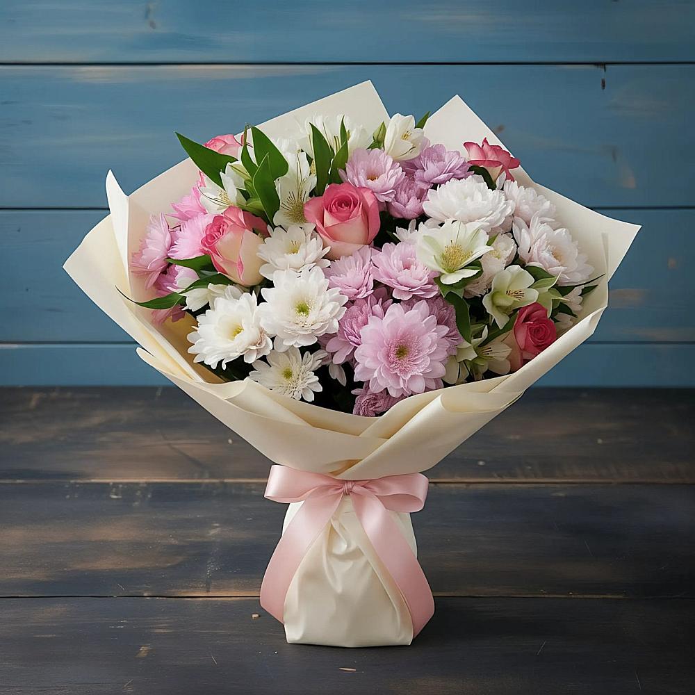 Букет цветов из: Хризантемы, Альстромерии и Розы в Чашниково